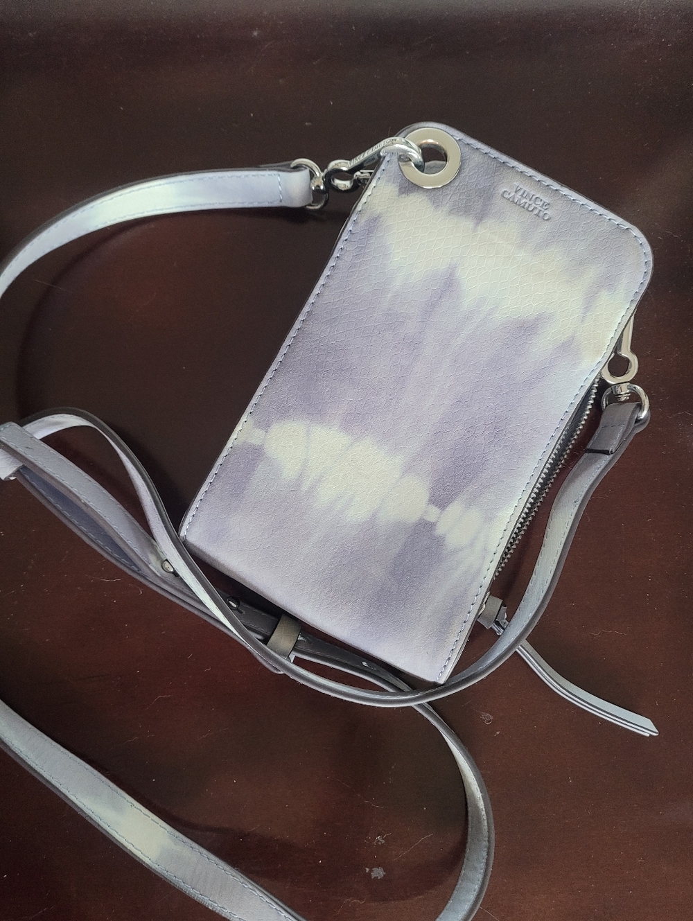 VINCE CAMUTO Lavender and White Tie-Dye Leather Crossbody Phone Pouch